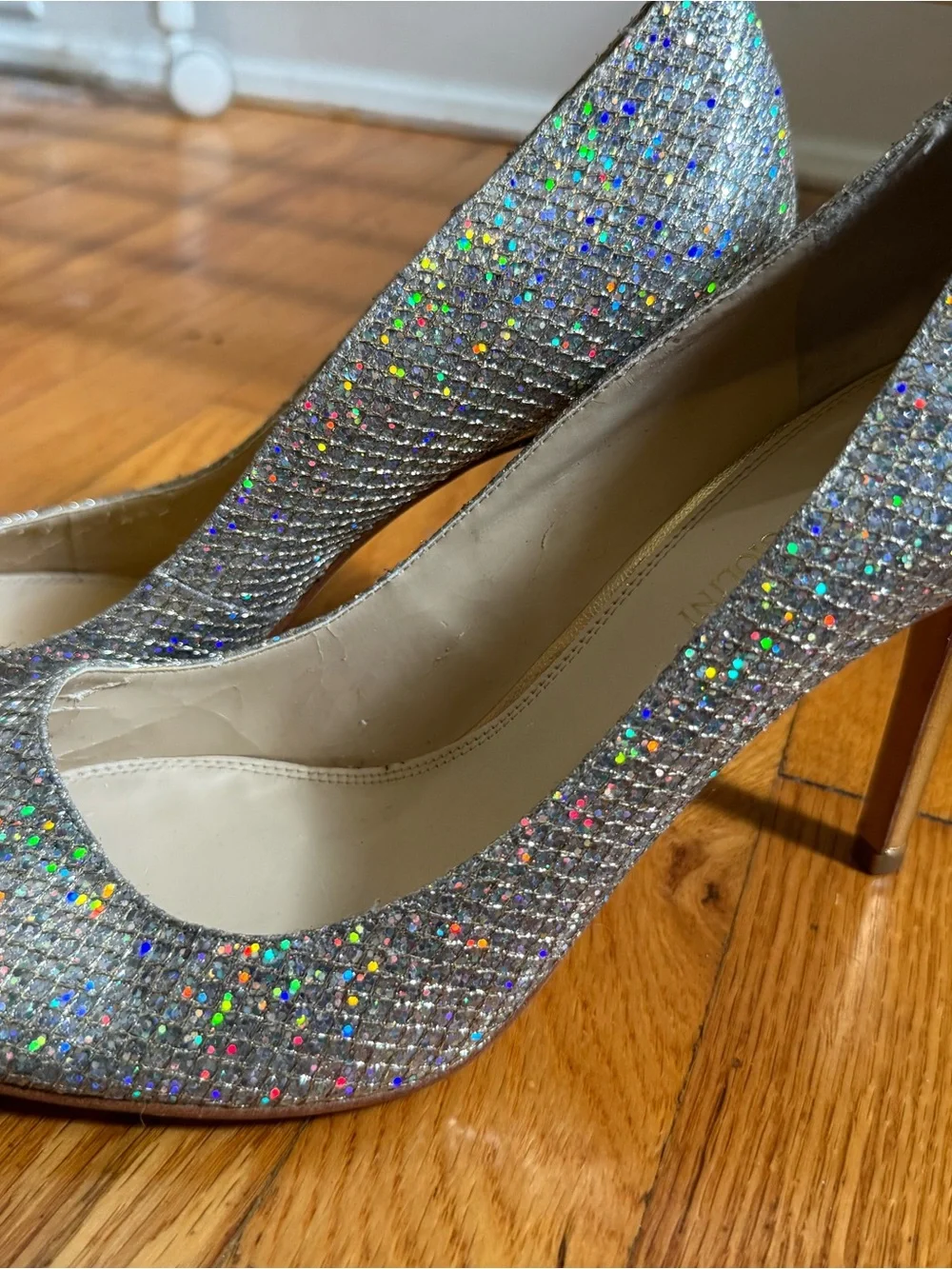 Enzo Angiolini Silver Glitter Open-Toe Pumps